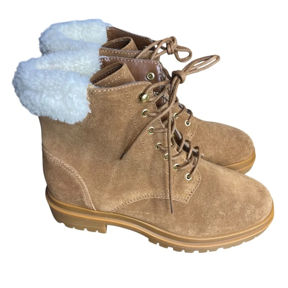 Lauren Ralph Lauren Carlee suede tan combat lace-up 
boots fauxshearling 8.5 New - Picture 6 of 12